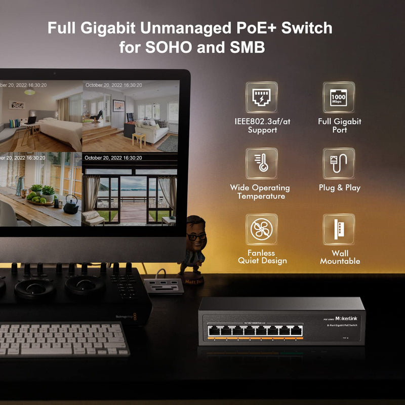 MokerLink 8 Port Gigabit PoE Switch, 8 PoE+ Ports 1000Mbps, 802.3af/at 120W, Metal Fanless Unmanaged Plug and Play 8 Gigabit PoE