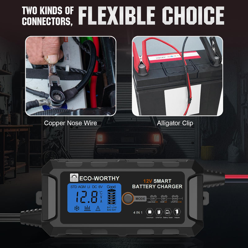 ECO-WORTHY 12V 5A Automatic Smart Battery Charger and Maintainer LCD Display for Lead Acid and Lithium (LiFePO4) Battery