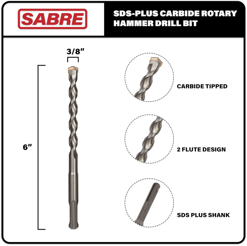 10-Pack 3/8 Inch x 6 Inch SDS Plus Rotary Hammer Drill Bits, Carbide Tipped for Brick, Stone and Concrete (3/8” x 4" x 6")