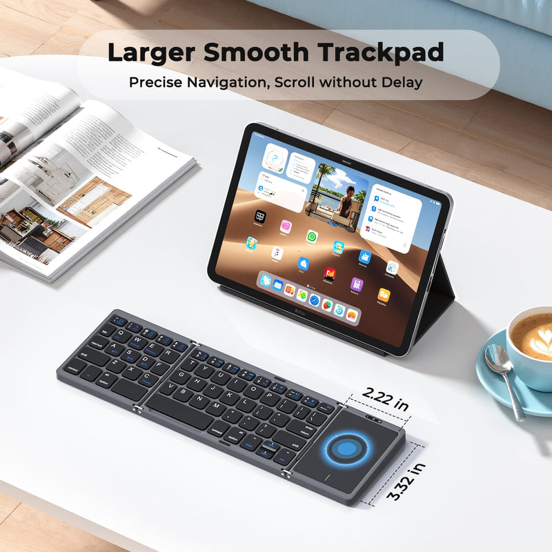 MEETION Foldable Bluetooth Keyboard with Touchpad, Portable Wireless, Gray | Ultra-slim rechargeable folding keyboard with built-in touchpad, full-size keys, idea for travel, iOS/Android/Windows Grey Black