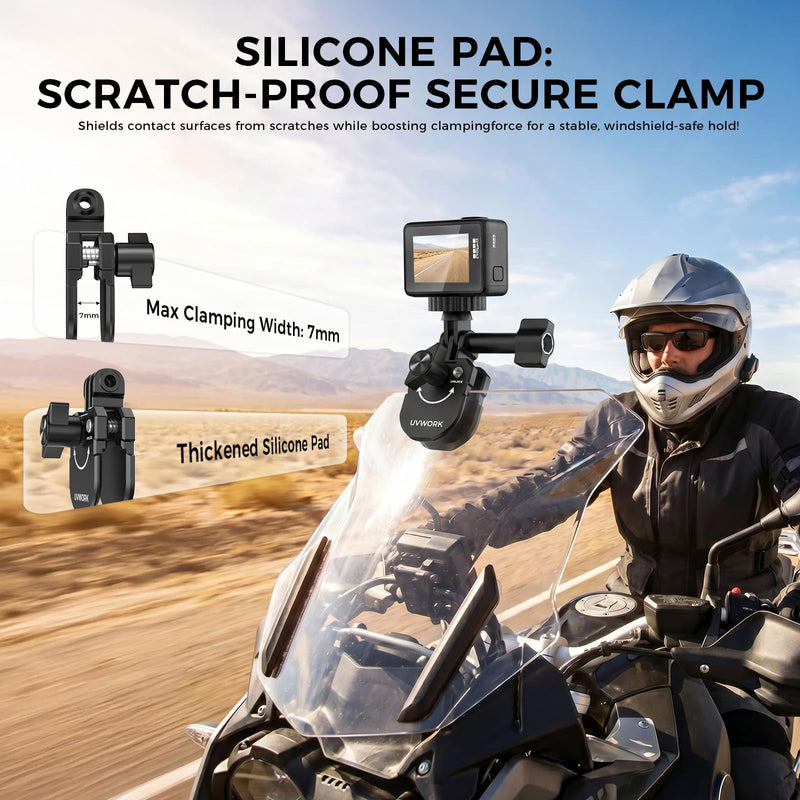 Motorcycle Windshield Camera Mount, Aluminum Alloy Clamp Holder Compatible with Gopro Hero13 12 11 10 9 8DJI Osmo Action 5 4 Insta360 X5 X4 X3,with 1/4" Thread Quick-Release Design 3.5*2*2.5