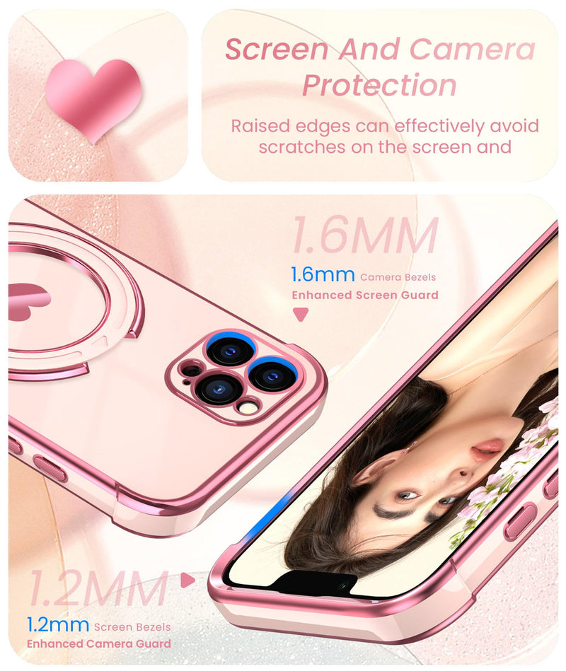 Cute Plated Gold Women Phone Case for iPhone 15 Pro Max - Pink | Screen Protector+Ring Metal Kickstand,Love Heart Pattern,Slim Soft TPU Full Camera Protection Cover for iPhone 15 Pro Max Thermoplastic Polyurethane,Polycarbonate