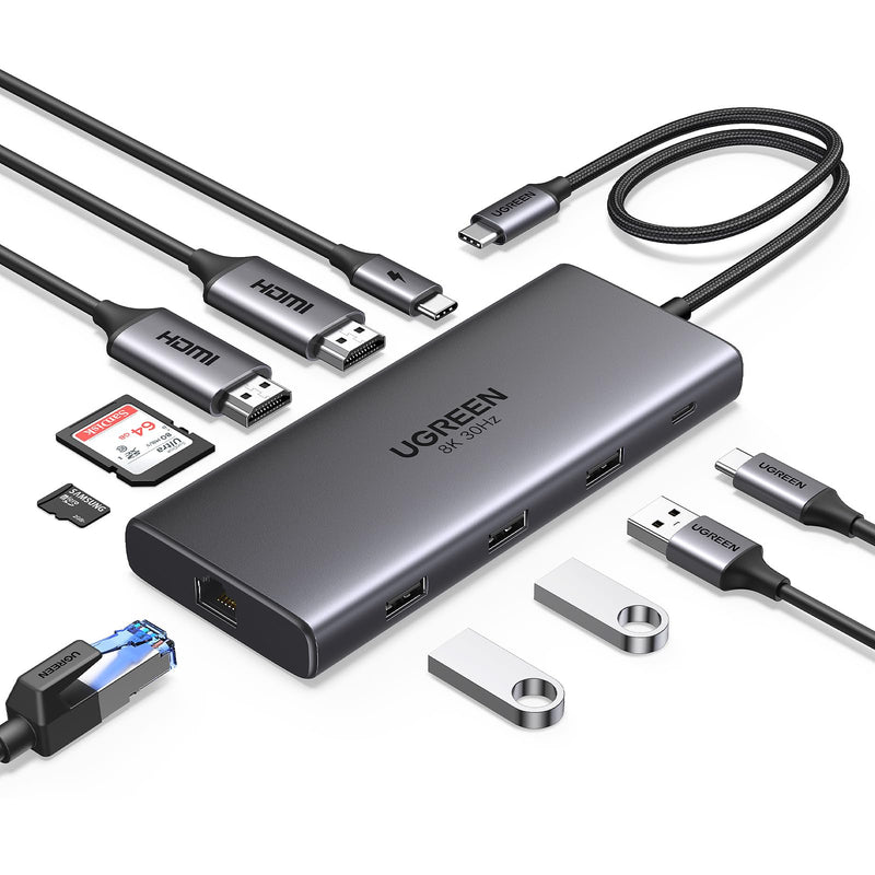 UGREEN USB C Docking Station Dual Monitor, 10-in-1 Laptop Dock with 2 HDMI | 2x HDMI, Single 8K, 100W PD, 1Gbps Ethernet, 4x 5Gbps USB-A/C Data, SD/TF, Revodok Pro Aluminum USB-C Dock for Dell/HP/Lenovo