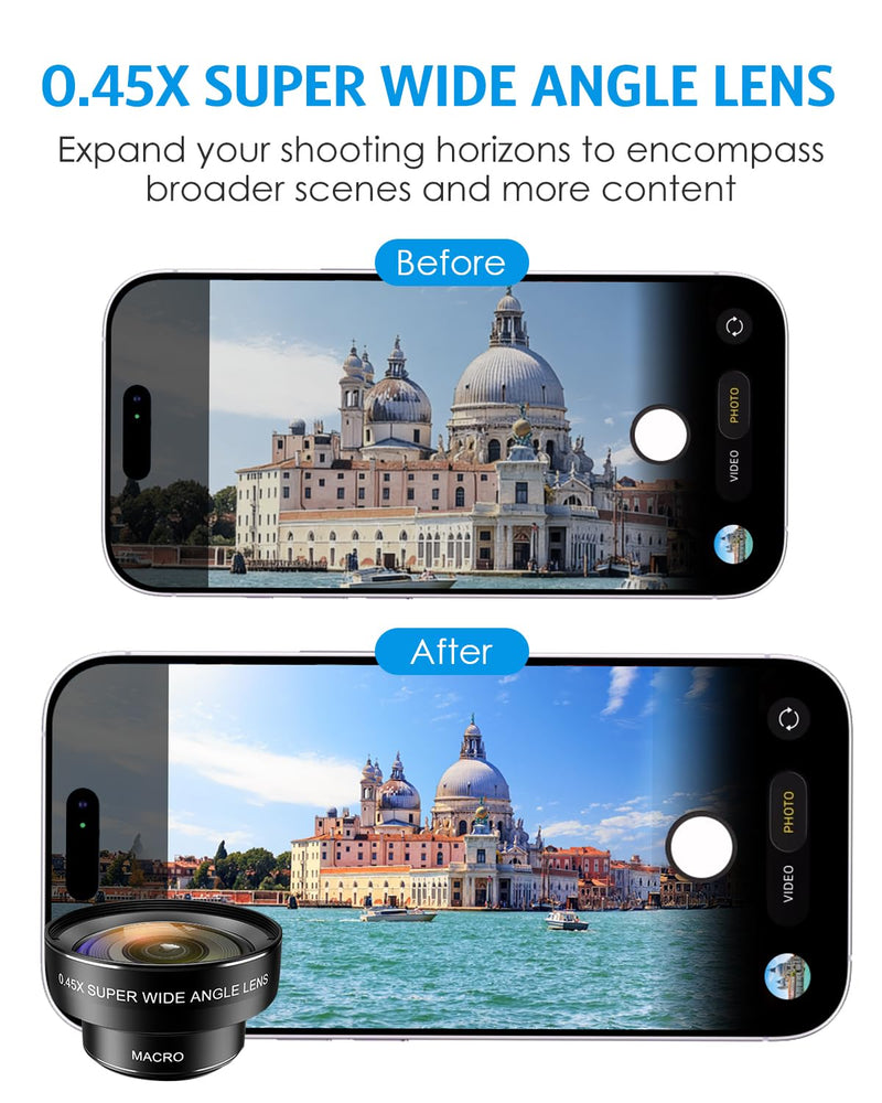 Phone Camera Lens Kit, 0.45X Wide Angle + 15X Macro Lens | 2 in 1 Lens Attachment for iPhone 17/16/15/14/13, Phone Clip-on Lens for iPhone/Android, Includes Travel Bag