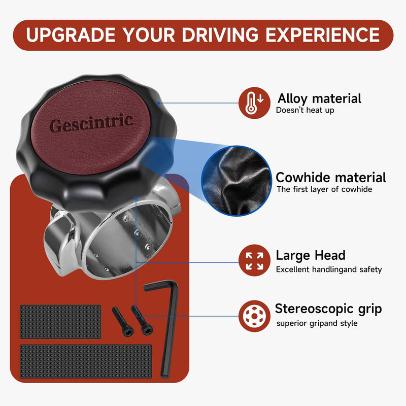 Steering Wheel knob Rotator, Vehicle Steering Wheel Rotator Ball Durable Suicide knob for Cars, SUV，Pickup Trucks, semi-Trailers, Vans, Lawn mowers, Tractors, Boats, etc (Red Cowhide) Red cowhide