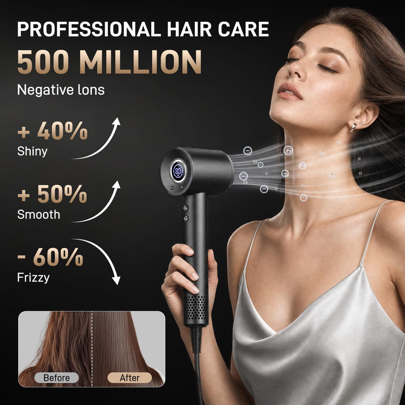 500 Million Negative Ionic Hairdryer with LED Display, 180,000 RPM Hair Dryer with 3 Speed 4 Heat Setting, Blow Dryer with Diffuser & Concentrator, Low Noise & Lightweight Hairdryers for Women Men Black