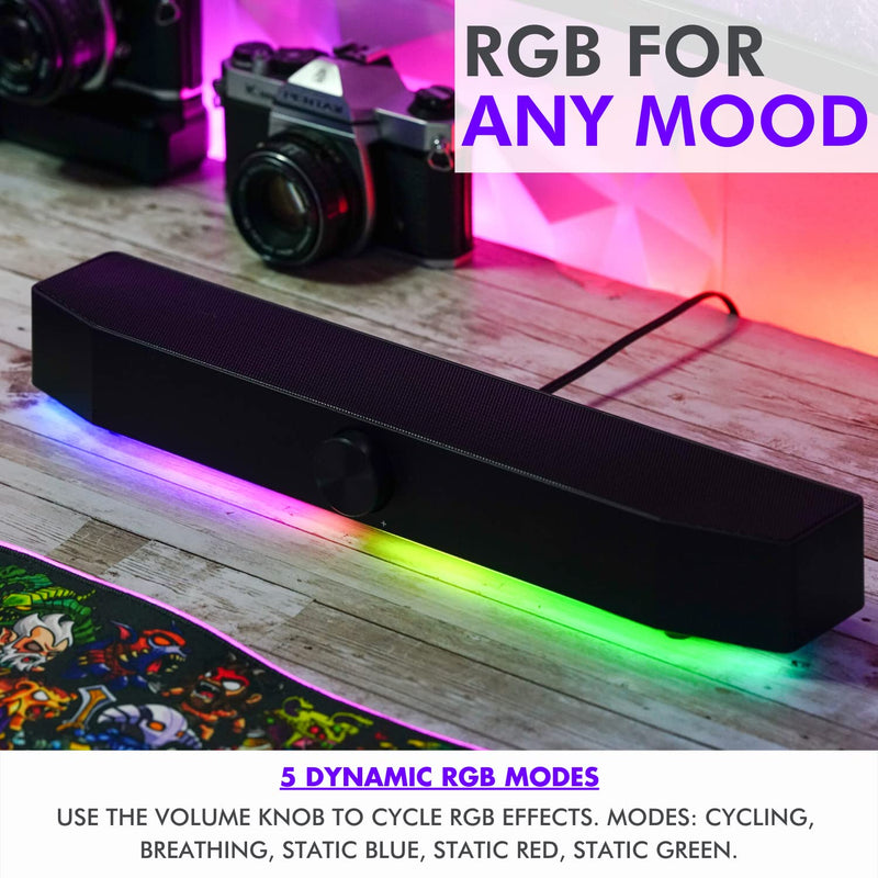 Tilted Nation Gaming Soundbar - Monitor Sound Bar for PC - RGB Computer Speakers for Desktop PC (Wireless or USB Wired) Crisp Audio and Adjustable LED Black