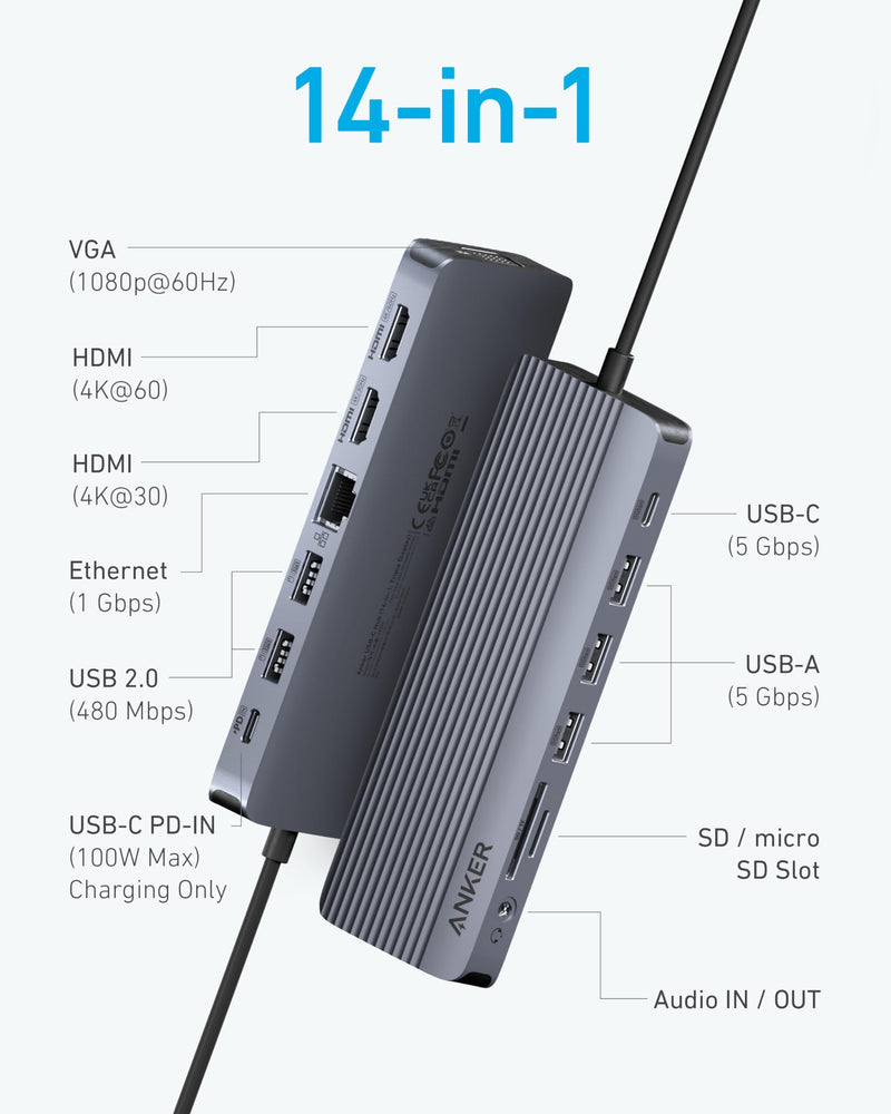 Anker Laptop Docking Station 3 Monitors, 14in1 USBC Hub with Triple Display | Dual 4K HDMI USB C Docking Station, VGA, 80W Max PD, USBA and USBC Data Ports, for Dell XPS and More (Charger Not Included) 14 in 1 USB C Hub