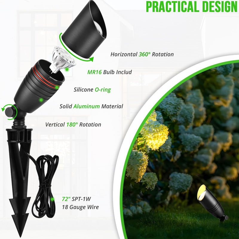 wowlite Landscape Spotlights Outdoor, 12V Low Voltage Landscape Lighting Fixture with 5W MR16 LED Bulb, Black Aluminum Yard Directional Uplights Waterproof for House Trees Patio Matte Black 03 1 Pack