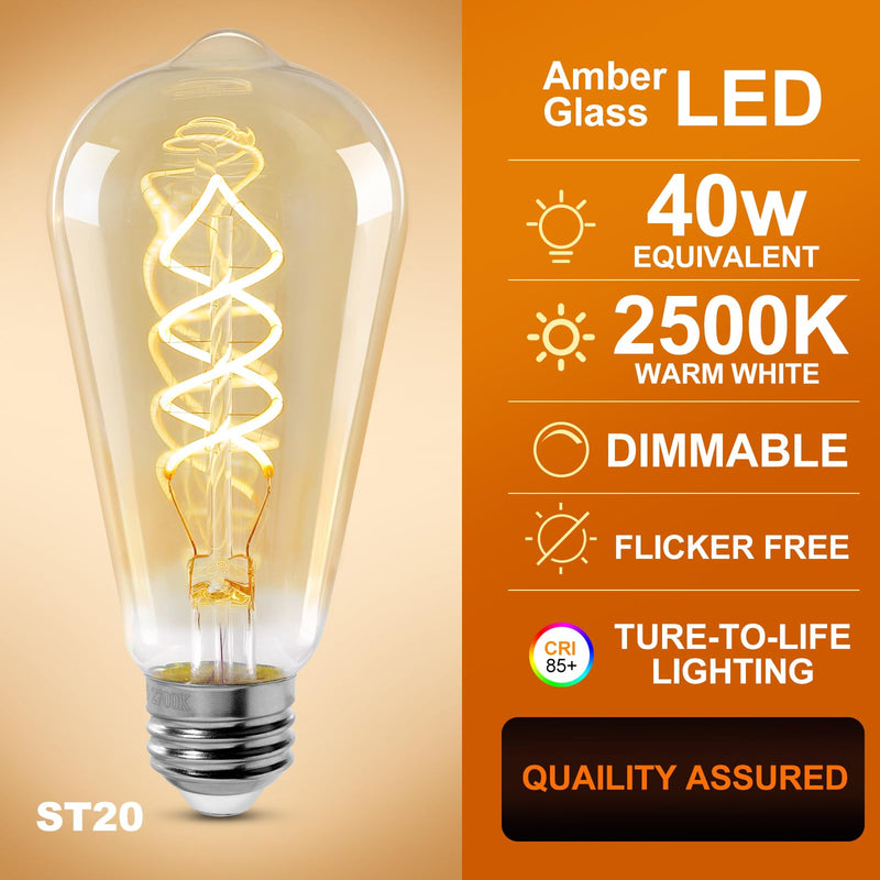 ST64 LED E26 Vintage Edison Light Bulbs, Light Amber Glass, Dimmable, 4W(40W Equivalent) 300 Lumens, 2500K Warm White, Spiral Filaments Design, Antique Style, 25000 Hrs, 4-Pack Light Amber-2500k 4 Pack