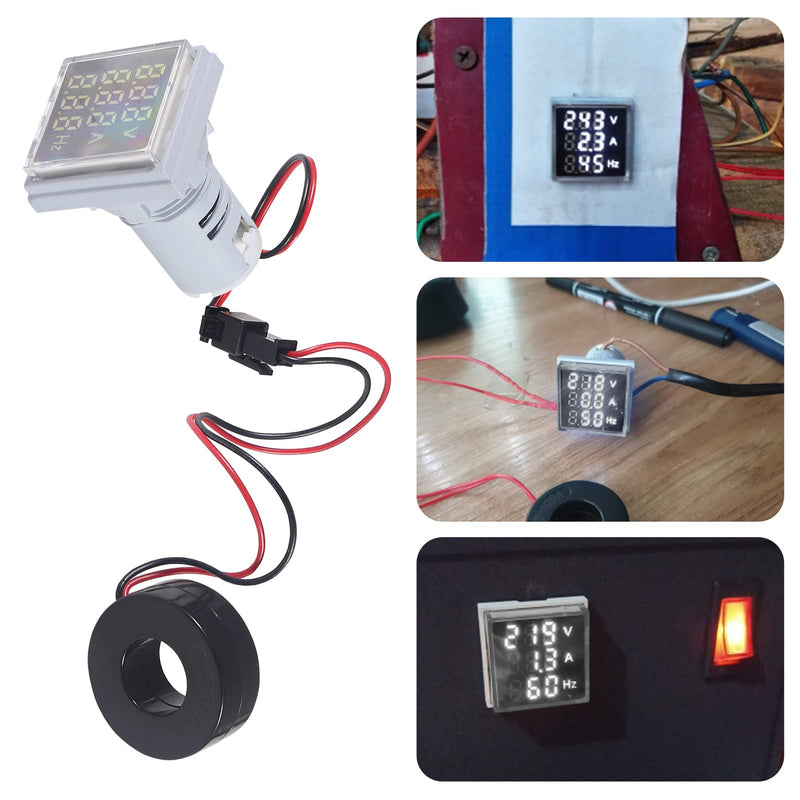 2PCS 3 in 1 22mm LED Digital Voltmeter Ammeter AC 60-500V 0-100A 20-75Hz AC Current Frequency Meter Indicator Digital Voltage Amp Tester with CT (White) White