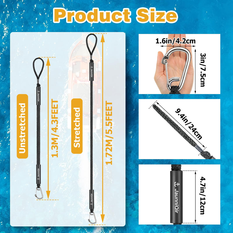 JaunniQir Bungee Dock Lines for Boats 4.3 Feet, 2 Pack Dock Lines with 316 Stainless Clips for PWC, Jet Ski, Kayak, Watercraft, Pontoon, Shock Absorbing Tie Off Downs Boat Mooring Ropes Accessories Black 4-5½ FEET 2 PACK