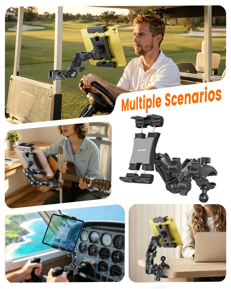 OHLPRO Tablet Holder for Mic Stand, 360° Adjustable Dual Arm Tablet & Phone Mount with Clamp, for Treadmill Handlebar, Peloton Bike, Stroller, Wheelchair, Fits 4.7–14.6" Devices 4.7–14.6"