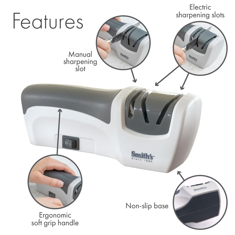 Smith’s 50097 Compact Electric Knife Sharpener | White & Grey | Kitchen Knife 2 Stage Sharpener | Electric & Manual | Blade Guide | Quick Sharpening & Polishing | Straight Edge Blades | Handheld OS