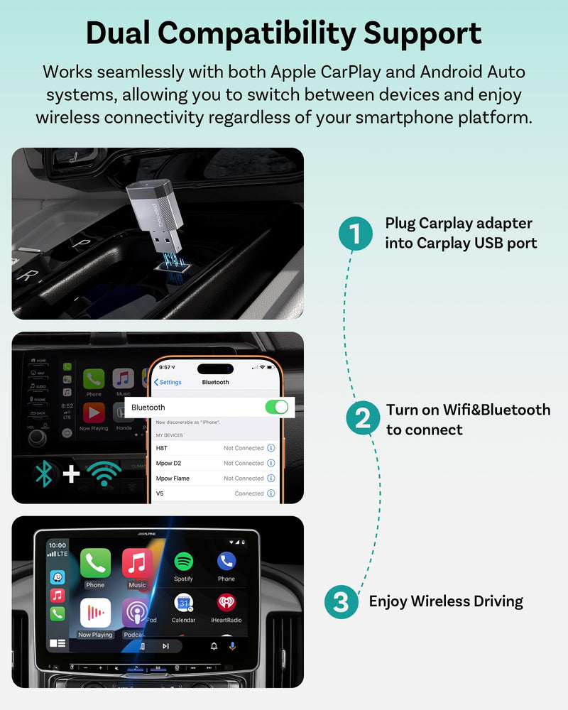 OTTOCAST Mini Nova Wireless CarPlay & Android Auto USB-C Adapter | 2-in-1 adapter for iPhone iOS 10+ & Android 11+, auto-reconnect for 800+ wired CarPlay vehicle models (2016+)