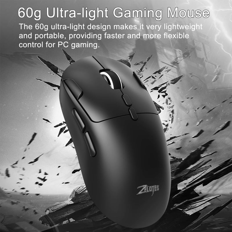 zelotes Gaming Wireless Mouse, Bluetooth Rechargeable with 9 Programmable Buttons,Ultra-Light 60g, 24,000 DPI, BT/USB 2.4G / Type-C, Ergonomic Optical Mouse for Laptop, PC,Office and Gamers (Black) Black