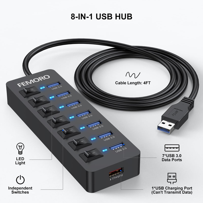 Powered USB Hub 3.0, 5Gbps Data Transfer 7 Ports and 12W Charging-only 1 Port with 5V/3A Power Adapter 4Ft Long Cable & Individual Switches for Laptop PC Flash Drive External SSD HDD Keyboard Mouse 1 Pack 7 USB 3.0 +1 Charging