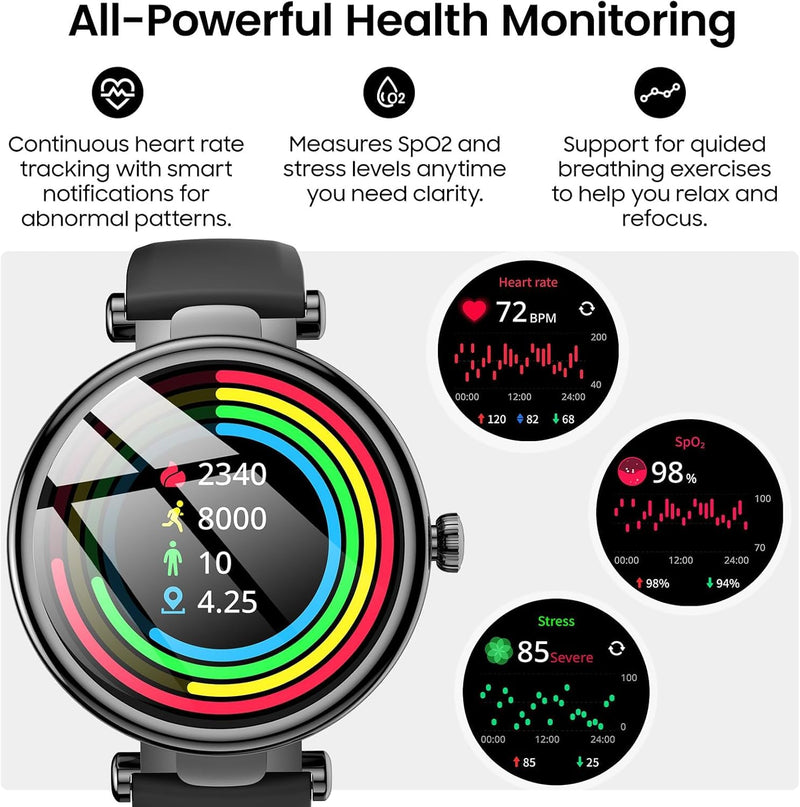 TOZO S8 AMOLED Smart Watch for Women Men, 3ATM Waterproof Fitness Tracker | Heart Rate Monitor, Sleep & Stress Tracking, 100+ Sport Modes, Bluetooth Call Smartwatch Long Battery for Android iOS Black Matte Black