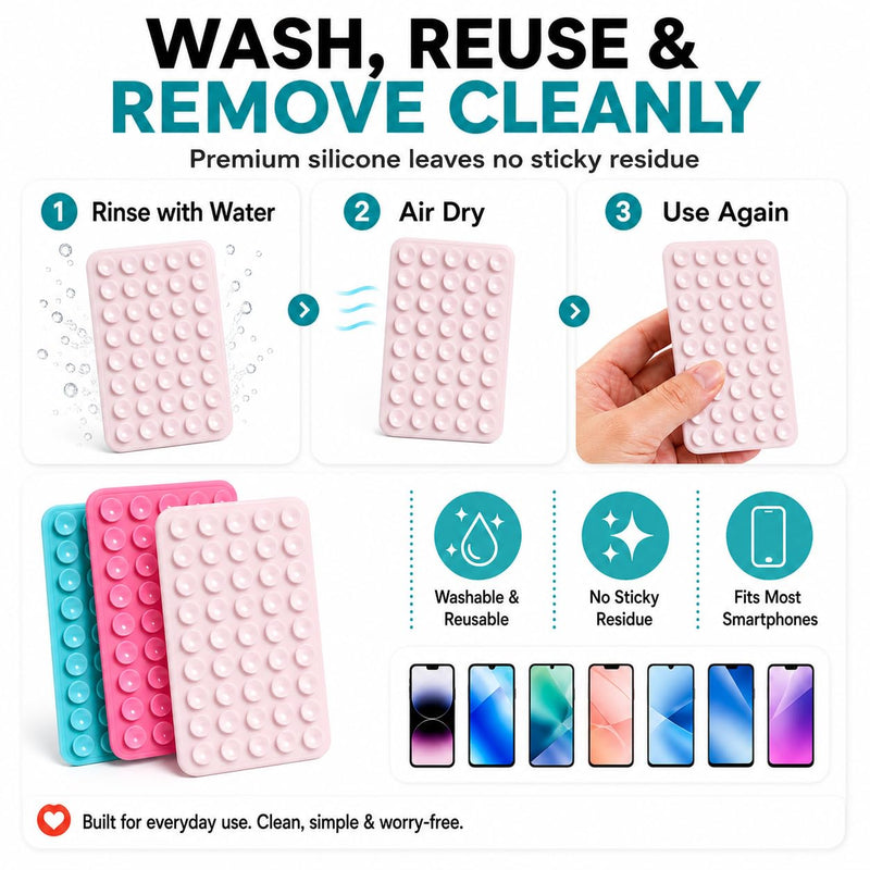30 Pack Silicone Suction Phone Grip, Double-Sided Suction Cup Phone Holder | 40 Suction Cups for Strong Grip, Washable and Reusable Grips in 15 Colors for Mirrors, Gyms, Cars and Bathrooms