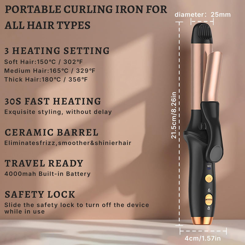  [AUSTRALIA] - Curling Tong, 25mm Cordless Hair Curler for Natural Waves and Curls, Ceramic Cordless Curling Wand with 3 Gear Temperature, Travel Mini Curlers 4000 mAh with USB Cable Storage Bag, Rose & Black