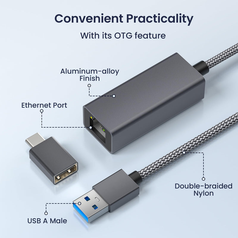 RUXELY USB 3.0 Gigabit Ethernet Adapter with USB-C Converter,1000Mbps RJ45 Connector,Wired LAN Network Adapter for Nintendo Switch,MacBook Air/Pro,Windows,MacOS,iPadOS,Tablets,Android,Linux,Laptop,PC USB +OTG TO RJ45 Gray