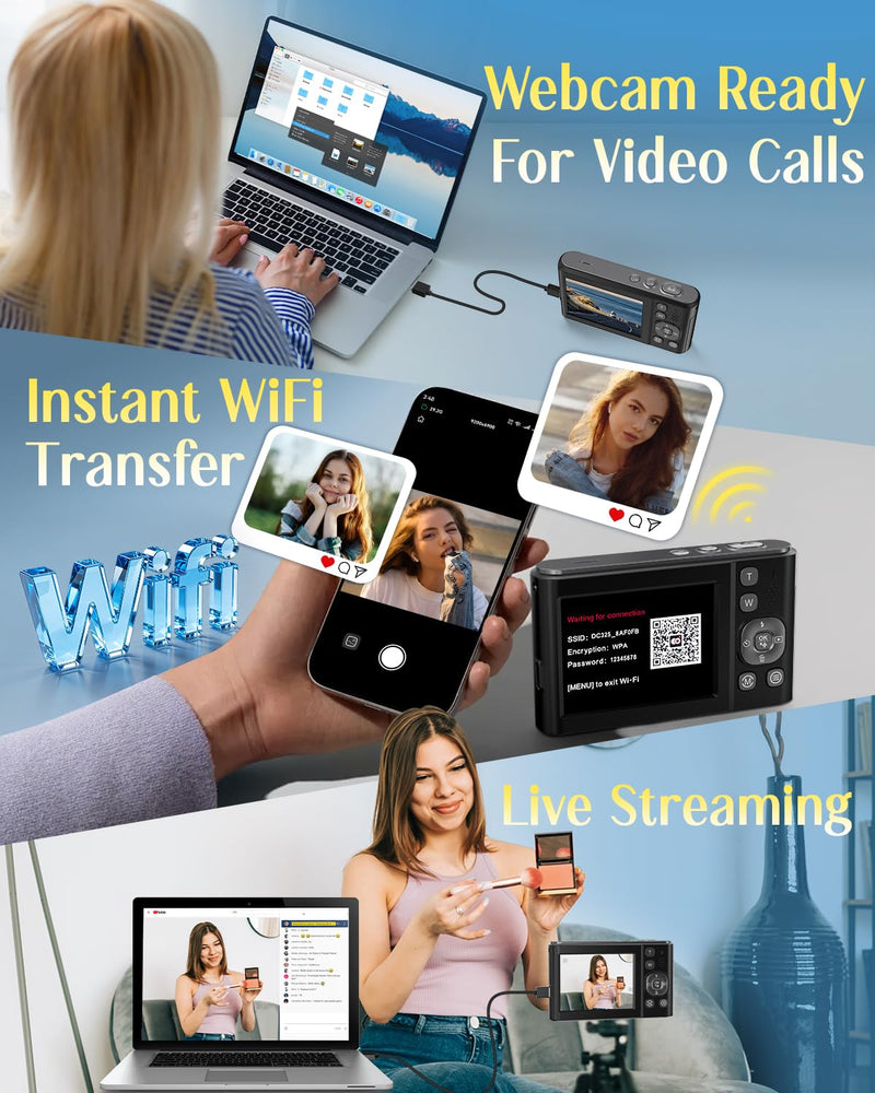 8K Digital Camera for Photography,96MP WiFi Dual Screens Vlogging Camera | Autofocus,16X Zoom,Anti-Shake,Compact Point and Shoot Camera for Teens,Beginners,Travel,32GB Card,2 Batteries Black