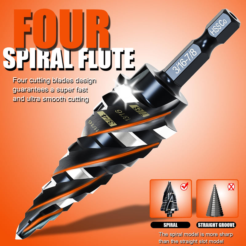 Four Spiral Flute Step Drill Bit for Metal,M35 Cobalt Unibit Step Drill Bit Set 1/8"-7/8" (3 pcs),Wear-Resistant AlTiN Coated,1/4" Hex Shank for Metal, Stainless Steel, Aluminum, Plastic