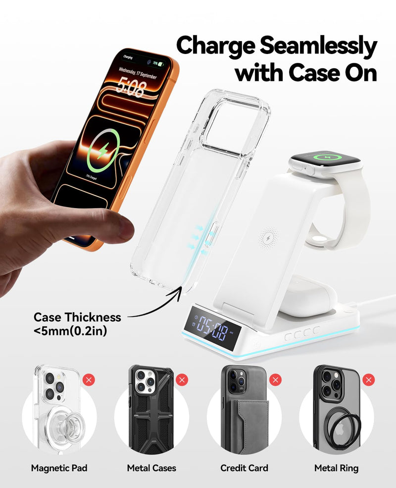 Wireless Charging Station, 7 in 1 Wireless Charger Foldable Charger Stand | 2026 Upgraded with Night Light/Alarm Clock for iPhone 17-12 Pro Max Plus, Apple Watch, AirPods Gifts White