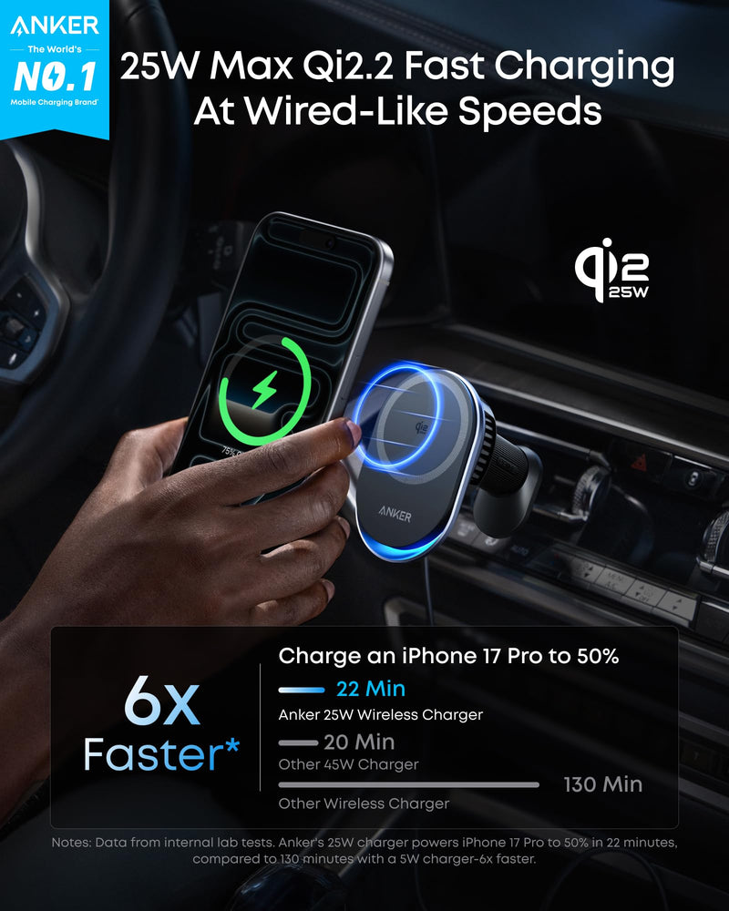 Anker Prime Qi2 25W MagSafe Compatible Wireless Car Charger Mount | AirCool Phone Holder with Vent Clip and Fast Power, for iPhone 17 - 12 Series, and More (Adapter Included) 25 Watts