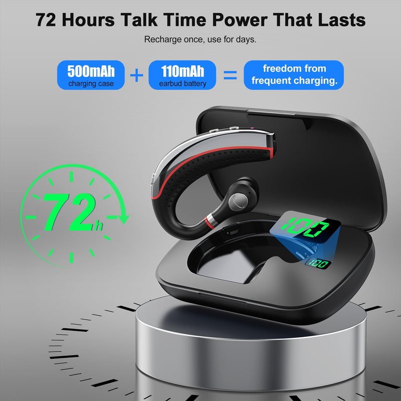 Bluetooth Headset V5.3, Wireless Earpiece with Mic for Work | 72H Playtime 500mAh Charging Case, Hands-Free Calling with Mute Button for Trucker Office Driving, with iPhone Android Red