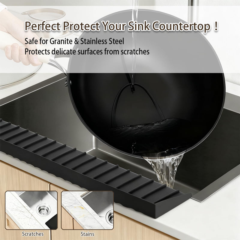Silicone Sink Edge Protector with Suction Cup 4" x 24",Kitchen Sink Splash Guard for Kitchen, Bathroom Sink, Steel, Granite, Quartz Countertops,Multifuctional Sink Accessories (Black) Black 4in*24in