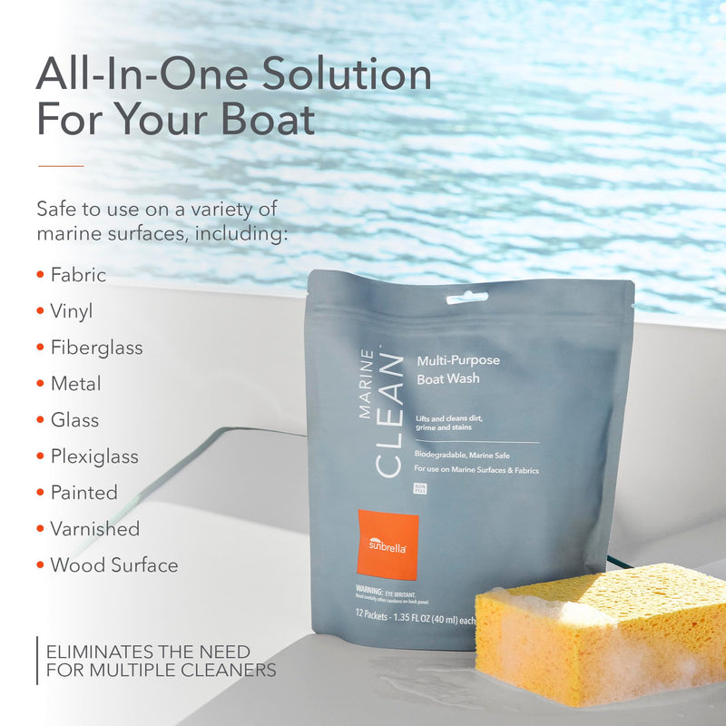 Sunbrella Marine Clean Multi-Purpose Boat Wash | Powerful Concentrated Formula | Clean Your Entire Boat | Removes Dirt, Grime | Safe for Fiberglass, Vinyl, Metal & More | 12 Individual Packets