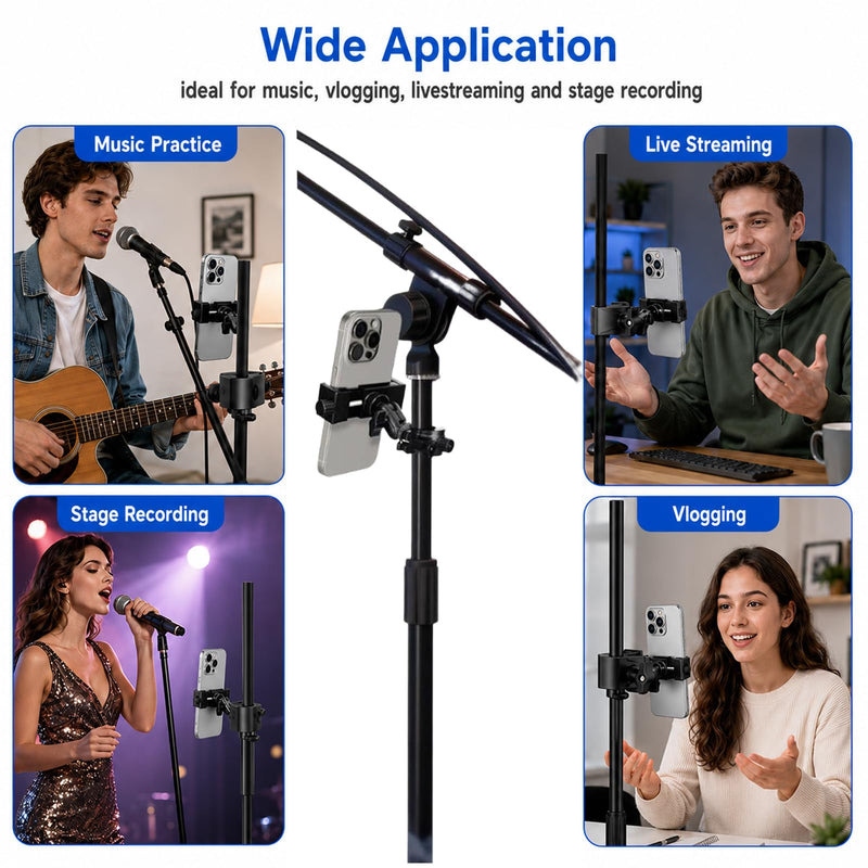 Mic Stand Phone Holder with 360 Rotation | For iPhone Samsung All Phones, Adjustable Clamp Fits 0.47-1.1 Inch Poles, 3 Ball Joints, 180° Tilt for Music Performance