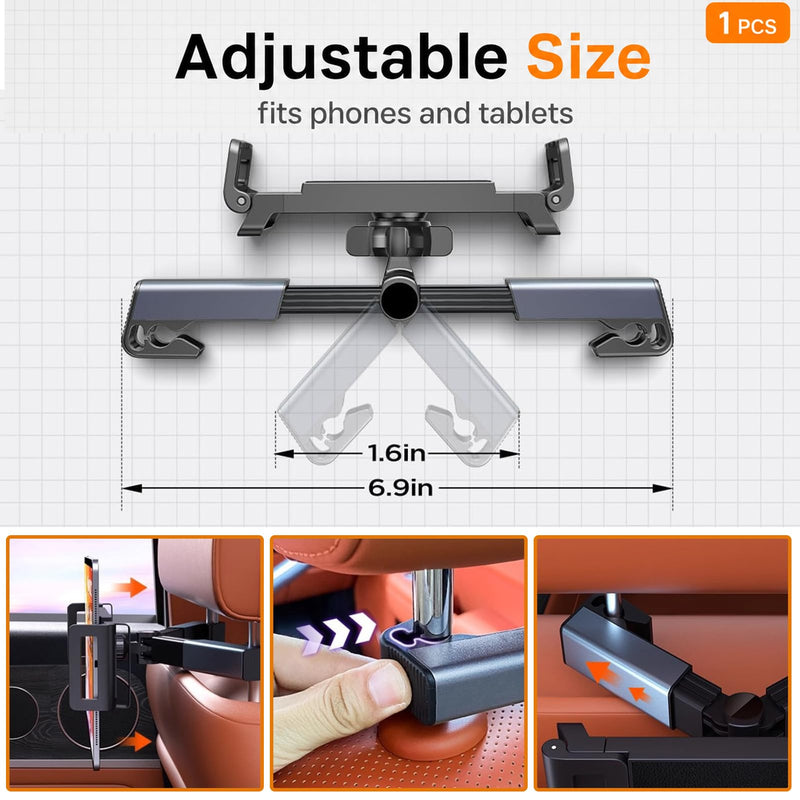 Car Headrest Tablet Holder Universal | For Backseat Entertainment, 360 Rotating Mount with Metal Hooks, Fits 4.7-11 Inch Tablets and Phones, No Tools Needed