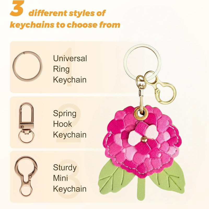 Leather Keychain Case Compatible with AirTag, Shockproof Anti‑Lost Tracker Protective Cover with Key Ring for Daily Use (Red Hydrangea) Red hydrangea