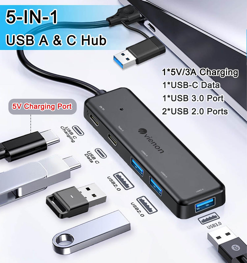 VIENON USB 3.0 Hub (5 in 1), USB C Hub, USB C to USB 3.0 Hub Adapter with USB C Power/Data Ports, USB Extender USB A&C Docking Station for Laptop PC MacBook Dell, HP, PS4/5, SSD and More