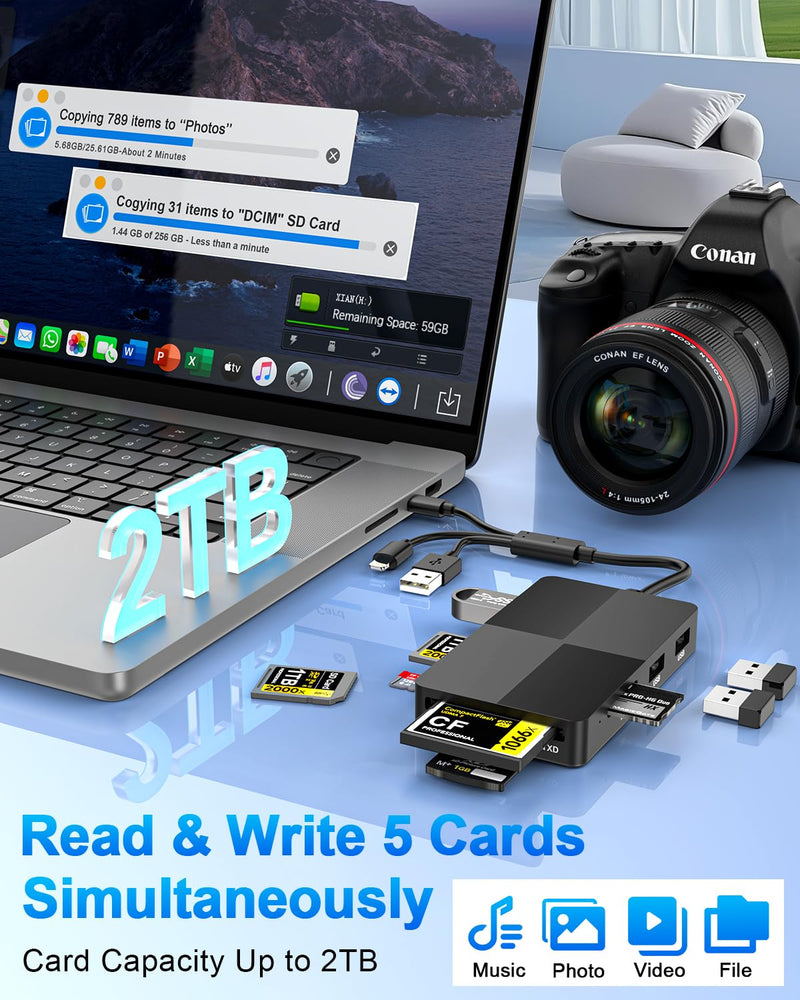 Multi SD Card Reader Adapter 8in1,USB-C + Lightning + USB-A SD/TF/MS/CF/XD Memory Stick Pro Duo Adapter,Memory Card Reader with 3X USB2.0 Ports for iPhone/Windows/Android/PC/Photography/Vlog