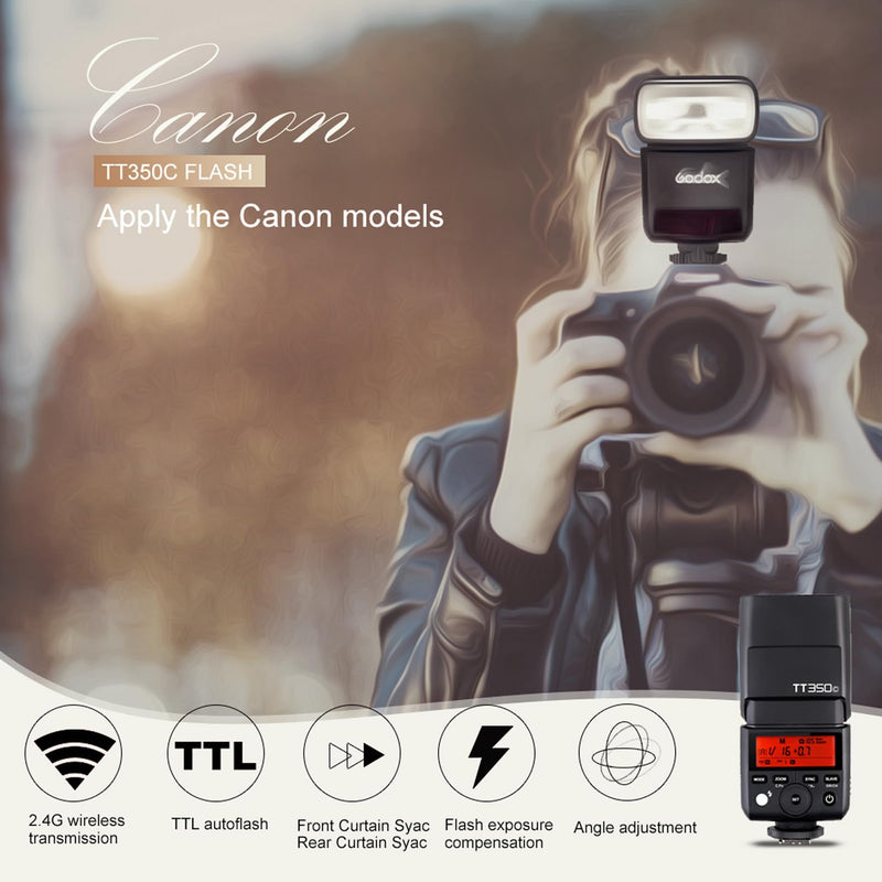 Godox TT350C Flash for Canon Camera, GN36 2.4G Wireless Canon Speedlight 1/8000s HSS Speedlite, Mini TTL External Flash for Photography