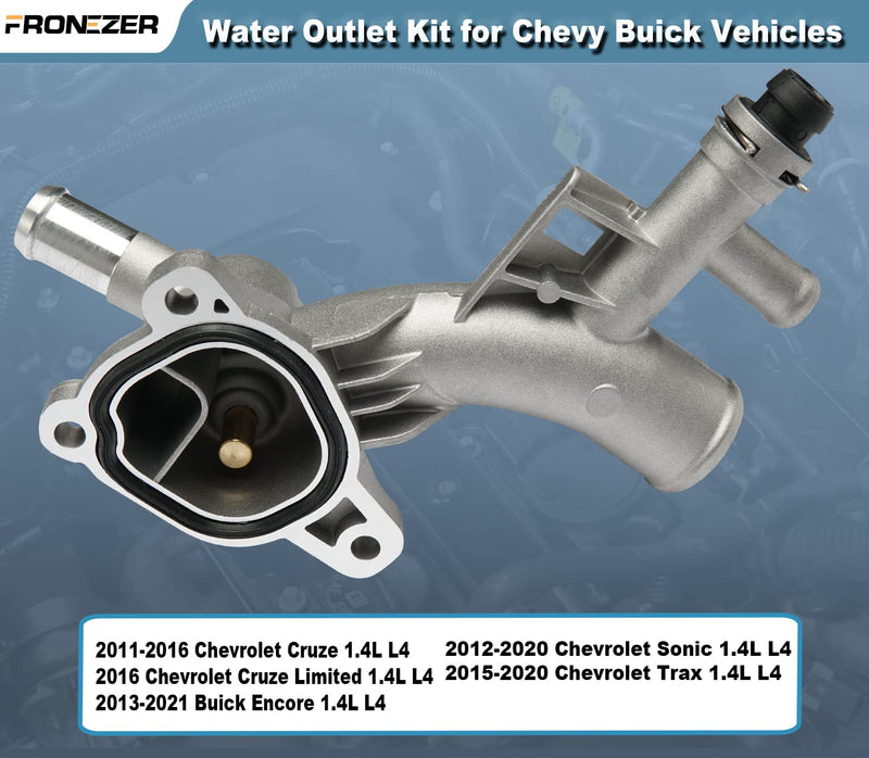 Aluminum Engine Coolant Thermostat Housing Water Outlet Kit with Coolant Reservoir Inlet Hose Compatible with 2011-2021 Chevy Cruze Sonic Trax, Buick Encore 1.4L Replaces 25193922, 902-846, 13251447 Water Outlet & Inlet Hose