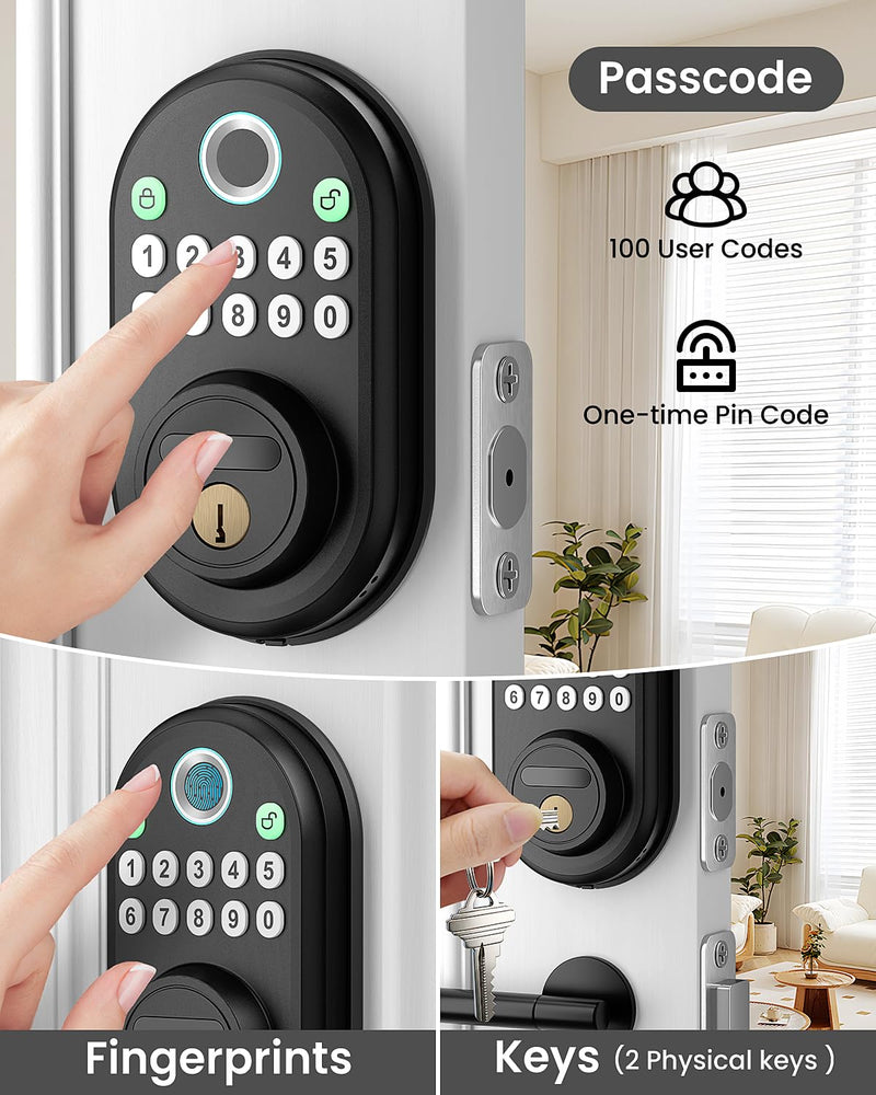 Fingerprint Door Lock with Keypad - Keyless Entry Smart Deadbolt Lock for Front Door with 2 Keys, Auto Locking, Easy Installation, Modern Digital Lock with Code for Smart Locks & Home Security