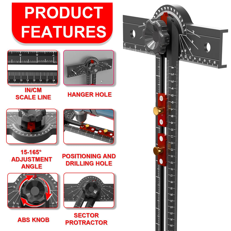 29 Inch Woodworking T Square Ruler, Aluminum Alloy, Adjustable Angle 15-165° Measurement Tool, Precision Drilling Positioning Guide for Carpentry, Drafting, Contractor, Scribe Crafting, Drywall 29.3in black