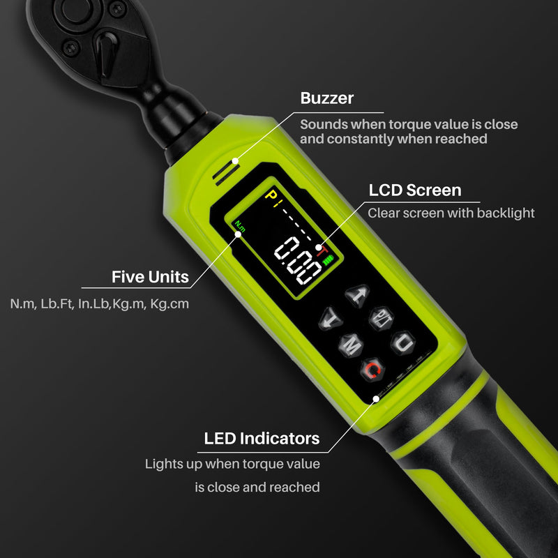 Digital Torque Wrench 1/4" Drive-4-266In.Lb/0.45-30N.m, Electric Torque Wrench With Vibration Buzzer LED Indicator,±2% Accuracy Five Units for Bike Motorcycle Car Auto Repair,DIY,Green Black 1/4" 4-266 In.Lb