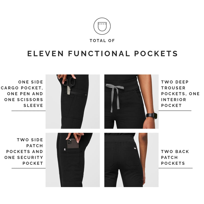 FIGS YOLA High Waisted Skinny Scrub Pants for Women — 11 Pockets, 4-Way Stretch, Yoga Waistband Regular Medium Black