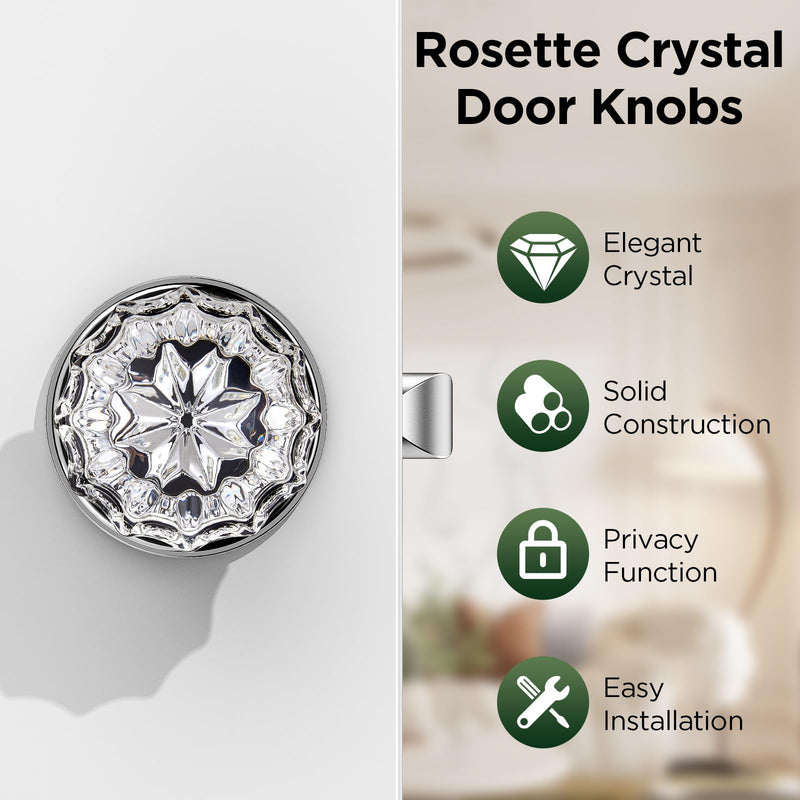 1 Pack Crystal Door Knob, Rosette Shaped Glass Door Knobs Interior with Lock, Polished Chrome Door Knobs Interior Glass 1