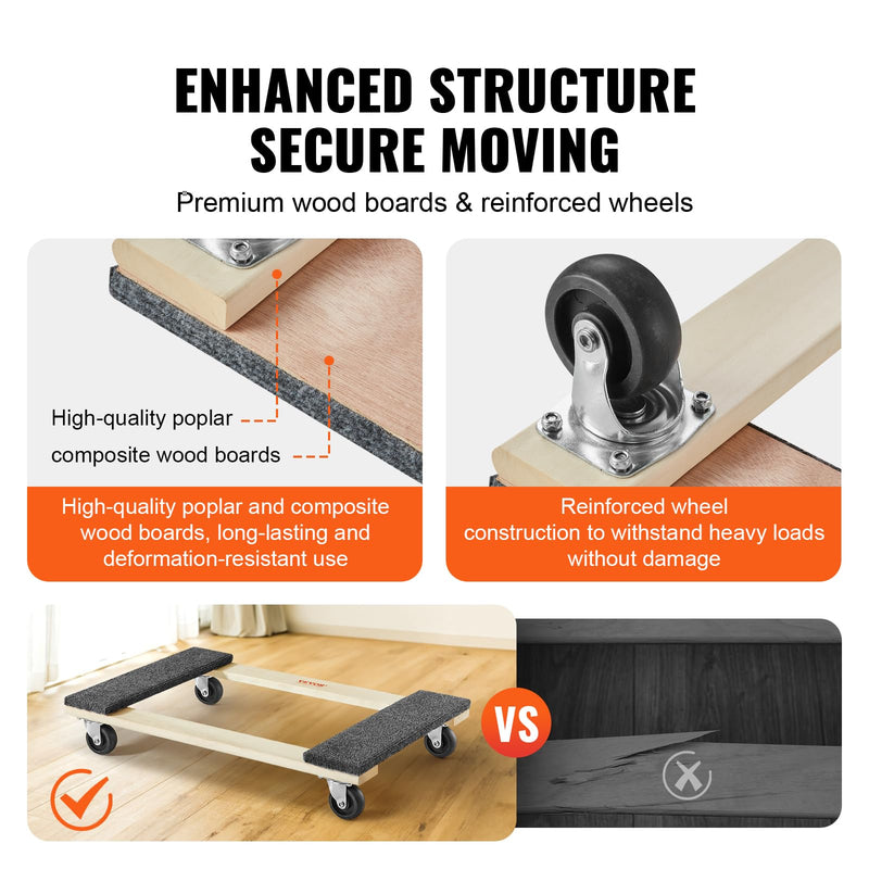 VEVOR Hardwood Furniture Moving Dolly, 30 in. x 18 in. 4 x 3 PP Swivel Casters, Heavy Duty Wooden Mover Dollies, Moving Cart with Wheels for Heavy Furniture, 1000 lbs. Capacity, 1 Pack 30in x 18in-1 Pack