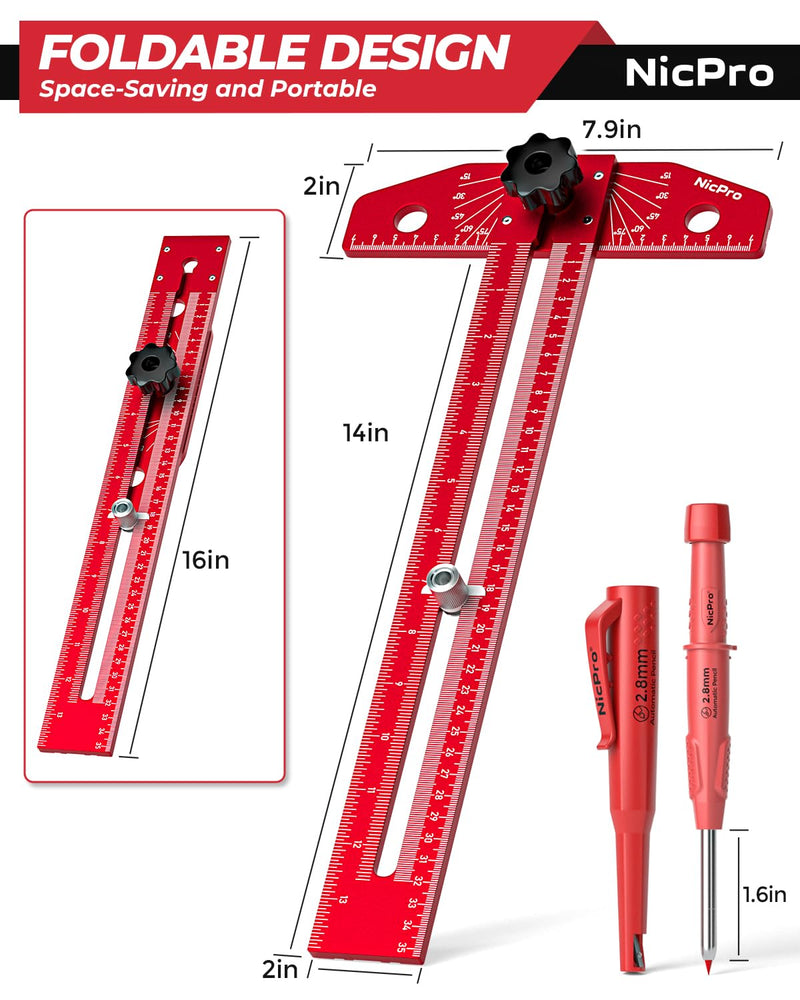 Nicpro Woodworking Scriber Marking Line Ruler, Adjustable Aluminum Alloy Sliding T-Square Ruler with Carpenter Pencil, Angle Adjustment Scale, Precision Line Drawing aid Ruler Tools for Woodworking