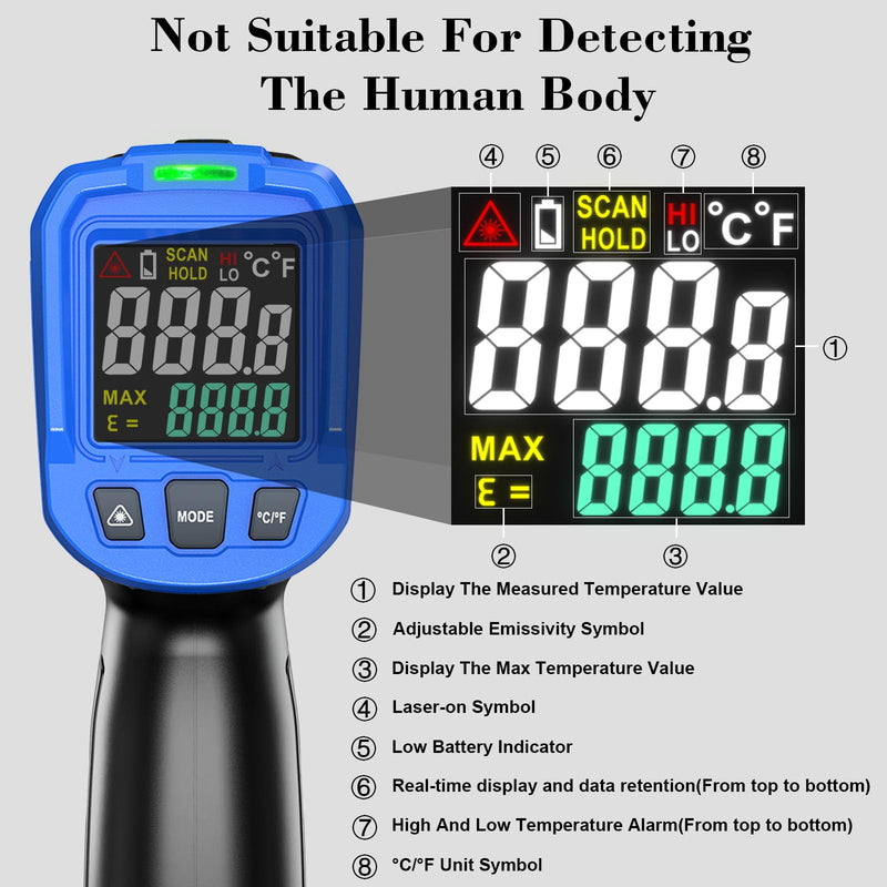 FKM Laser Thermometer Gun -58°F~1112°F(-50°C~600°C),Non Contact Infrared Thermometer Gun for Industrial,Engine,HVAC,Kitchen Cooking,Digital Temperature Gun Adjustable Emissivity,Not for Human Blue