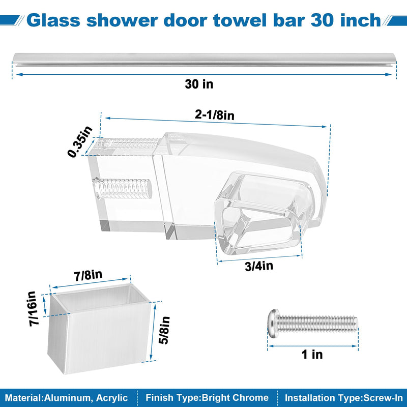 Glass Shower Door Towel Bar 30" Bright Chrome Compatible with Alumax Basco Sliding Shower Door Handle Replacement w/Silver Transparent Brackets Fits Framed Shower/Tub Enclosure Doors Up to 31" Wide 30" Chrome Towel Bar