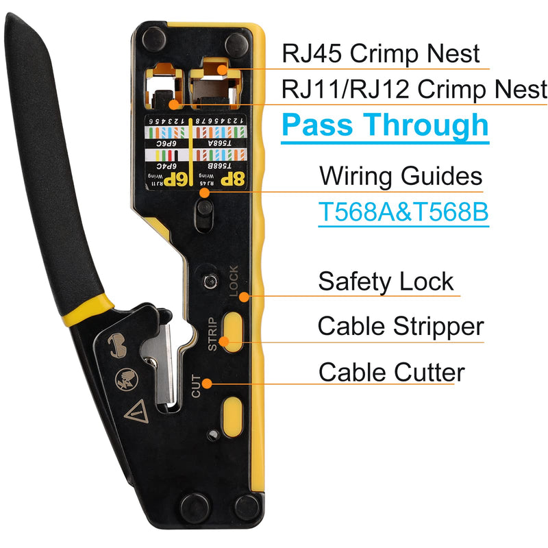 Solsop Pass Through RJ45 Crimp Tool Kit Ethernet Crimper CAT5 Cat5e Cat6 Crimping Tool Kit 6P/8P Crimper Set Yellow-A