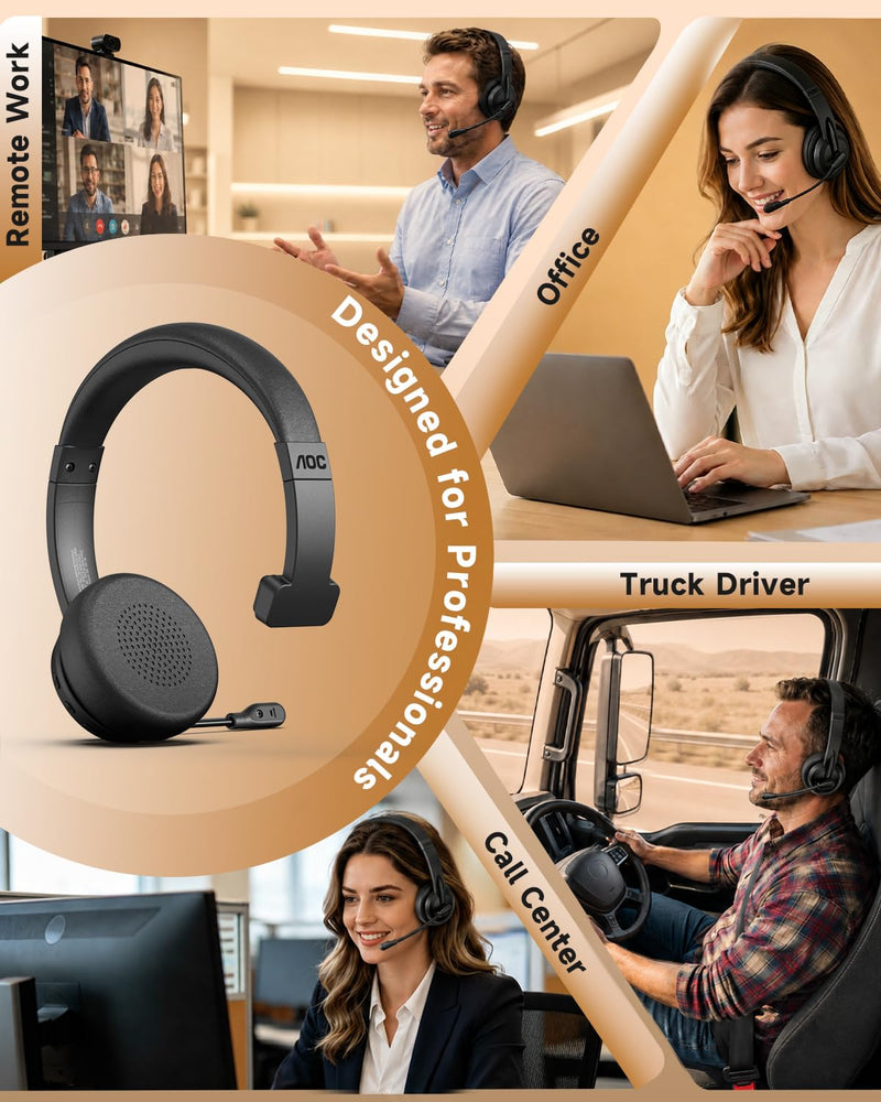 AOC Wireless Headset with Microphone for Work, AI ENC Noise Cancelling Bluetooth 6.0 Headset, 45H Playtime Mono Office Headset with 2.4G Dongle BLACK